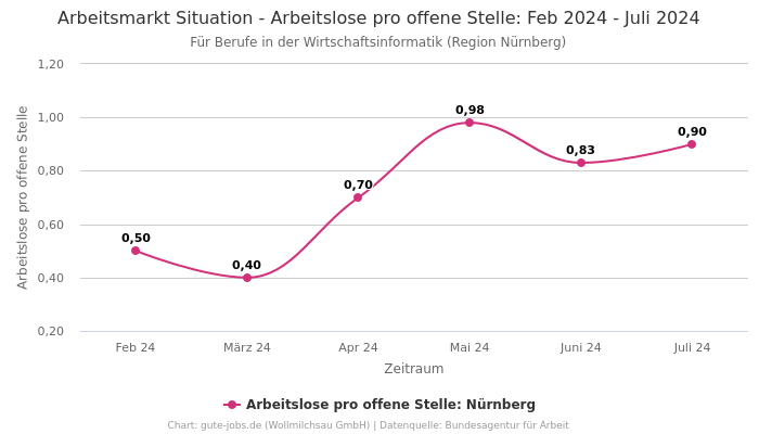 Arbeitsmarkt Situation - Arbeitslose pro offene Stelle: Feb 2024 - Juli 2024 | Für Berufe in der Wirtschaftsinformatik | Region Nürnberg