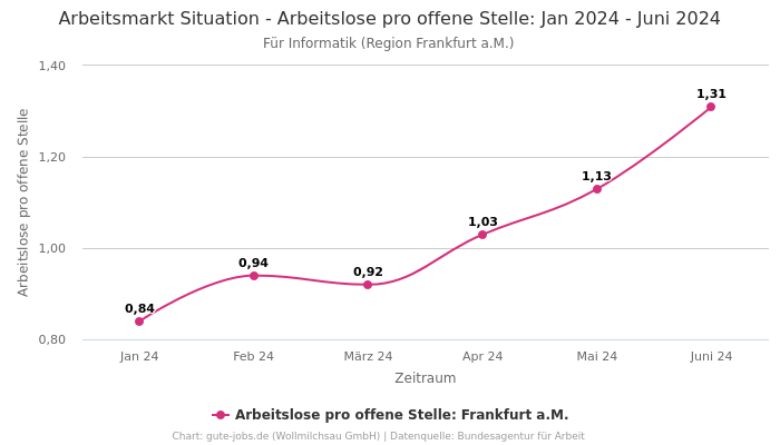 Arbeitsmarkt Situation - Arbeitslose pro offene Stelle: Jan 2024 - Juni 2024 | Für Informatik | Region Frankfurt a.M.