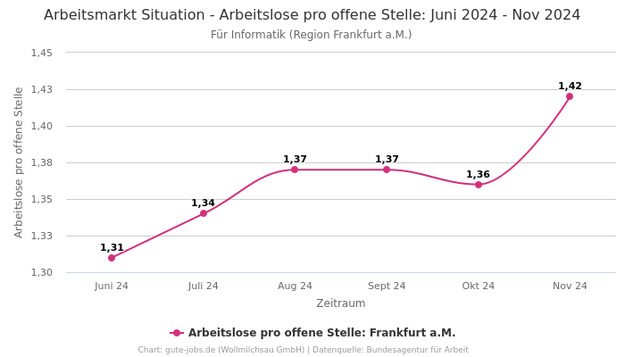 Arbeitsmarkt Situation - Arbeitslose pro offene Stelle: Juni 2024 - Nov 2024 | Für Informatik | Region Frankfurt a.M.