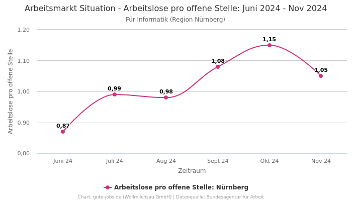 Arbeitsmarkt Situation - Arbeitslose pro offene Stelle: Juni 2024 - Nov 2024 | Für Informatik | Region Nürnberg