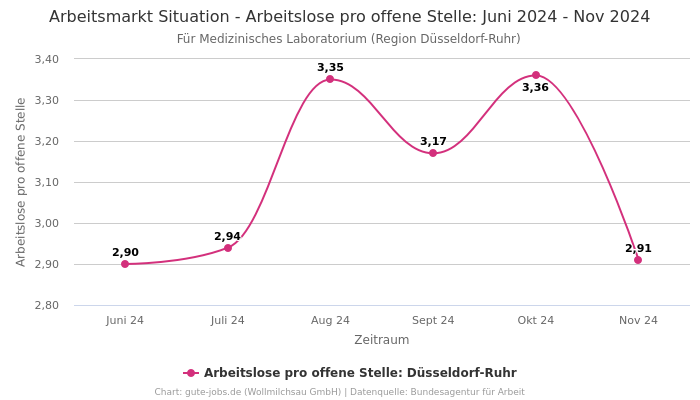 Arbeitsmarkt Situation - Arbeitslose pro offene Stelle: Juni 2024 - Nov 2024 | Für Medizinisches Laboratorium | Region Düsseldorf-Ruhr