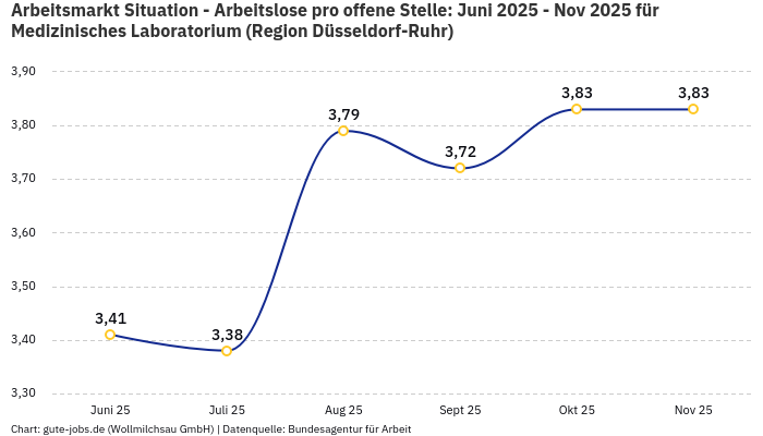 Arbeitsmarkt Situation - Arbeitslose pro offene Stelle: Juni 2025 - Nov 2025 | Für Medizinisches Laboratorium | Region Düsseldorf-Ruhr Arbeitsmarkt Situation - Arbeitslose pro offene Stelle: Juni 2025 - Nov 2025 | Für Medizinisches Laboratorium | Region Düsseldorf-Ruhr