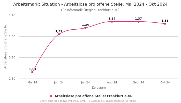 Arbeitsmarkt Situation - Arbeitslose pro offene Stelle: Mai 2024 - Okt 2024 | Für Informatik | Region Frankfurt a.M.