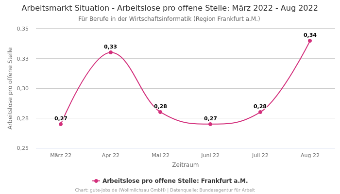 Arbeitsmarkt Situation - Arbeitslose pro offene Stelle: März 2022 - Aug 2022 | Für Berufe in der Wirtschaftsinformatik | Region Frankfurt a.M.