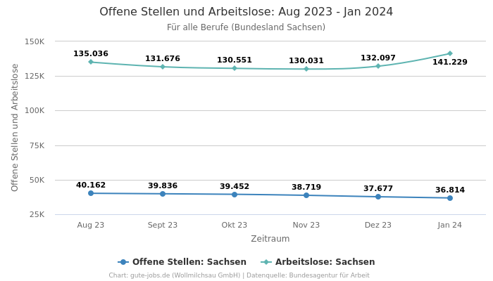 Offene Stellen und Arbeitslose: Aug 2023 - Jan 2024 | Für alle Berufe | Bundesland Sachsen