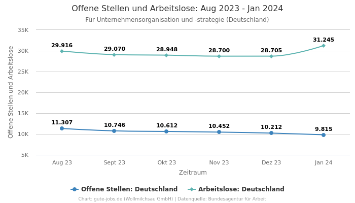 Offene Stellen und Arbeitslose:  Aug 2023 - Jan 2024 | Für Unternehmensorganisation und -strategie | Bundesland Deutschland
