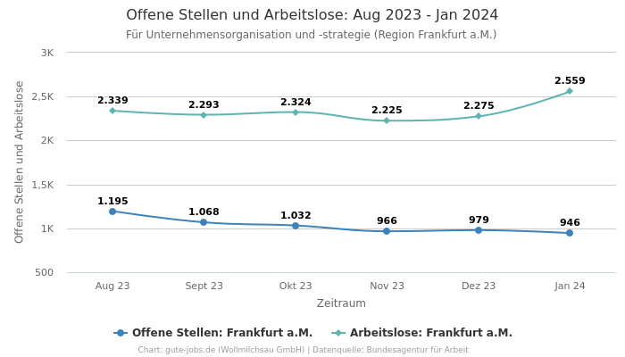 Offene Stellen und Arbeitslose: Aug 2023 - Jan 2024 | Für Unternehmensorganisation und -strategie | Region Frankfurt a.M.