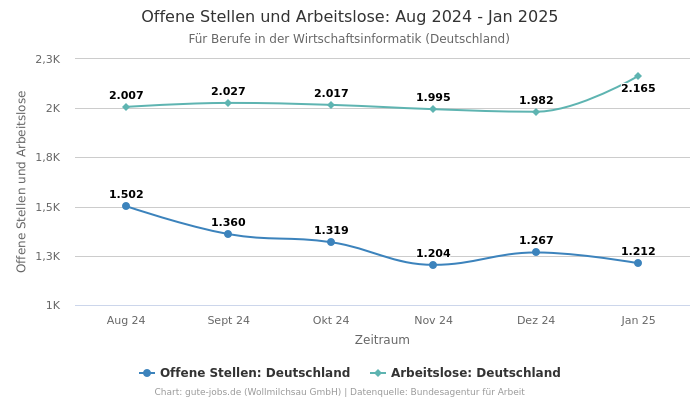 Offene Stellen und Arbeitslose: Aug 2024 - Jan 2025 | Für Berufe in der Wirtschaftsinformatik | Bundesland Deutschland