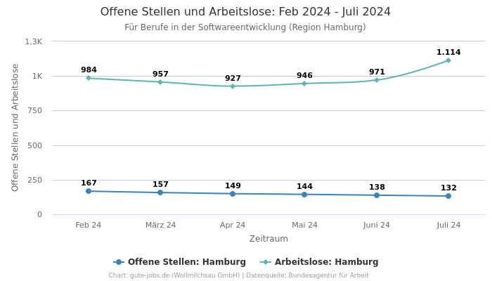 Offene Stellen und Arbeitslose: Feb 2024 - Juli 2024 | Für Berufe in der Softwareentwicklung | Region Hamburg