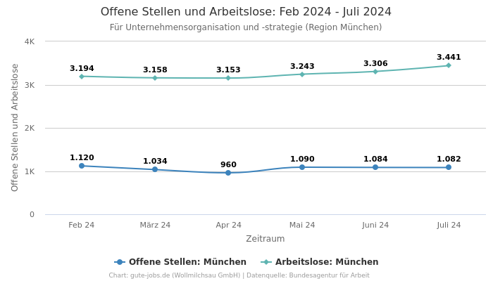 Offene Stellen und Arbeitslose: Feb 2024 - Juli 2024 | Für Unternehmensorganisation und -strategie | Region München