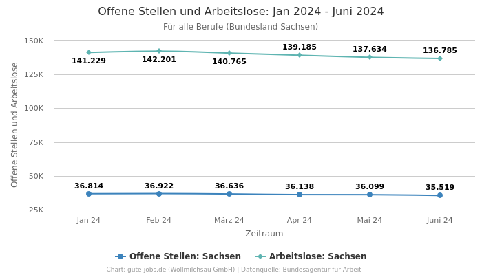 Offene Stellen und Arbeitslose: Jan 2024 - Juni 2024 | Für alle Berufe | Bundesland Sachsen