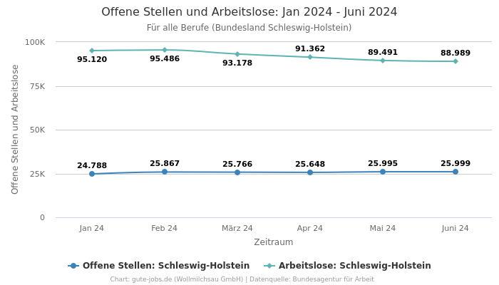 Offene Stellen und Arbeitslose: Jan 2024 - Juni 2024 | Für alle Berufe | Bundesland Schleswig-Holstein
