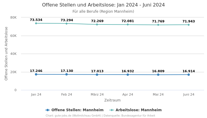 Offene Stellen und Arbeitslose: Jan 2024 - Juni 2024 | Für alle Berufe | Region Mannheim