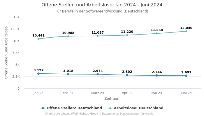 Offene Stellen und Arbeitslose: Jan 2024 - Juni 2024 | Für Berufe in der Softwareentwicklung | Bundesland Deutschland