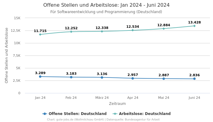 Offene Stellen und Arbeitslose: Jan 2024 - Juni 2024 | Für Softwareentwicklung und Programmierung | Bundesland Deutschland
