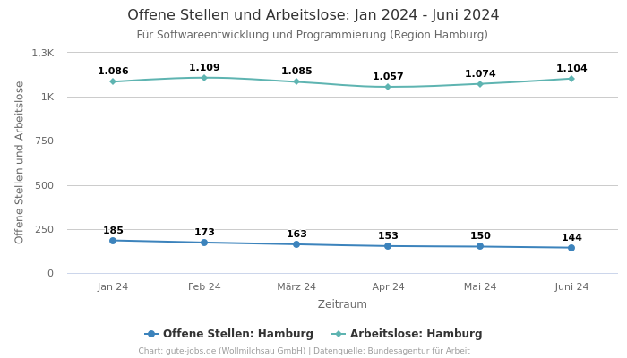 Offene Stellen und Arbeitslose: Jan 2024 - Juni 2024 | Für Softwareentwicklung und Programmierung | Region Hamburg