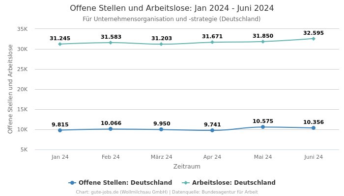 Offene Stellen und Arbeitslose: Jan 2024 - Juni 2024 | Für Unternehmensorganisation und -strategie | Bundesland Deutschland