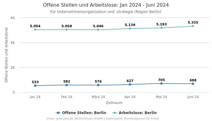 Offene Stellen und Arbeitslose: Jan 2024 - Juni 2024 | Für Unternehmensorganisation und -strategie | Region Berlin
