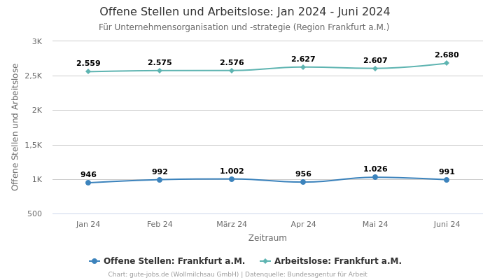 Offene Stellen und Arbeitslose: Jan 2024 - Juni 2024 | Für Unternehmensorganisation und -strategie | Region Frankfurt a.M.