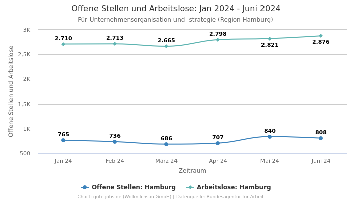 Offene Stellen und Arbeitslose: Jan 2024 - Juni 2024 | Für Unternehmensorganisation und -strategie | Region Hamburg