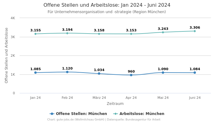 Offene Stellen und Arbeitslose: Jan 2024 - Juni 2024 | Für Unternehmensorganisation und -strategie | Region München