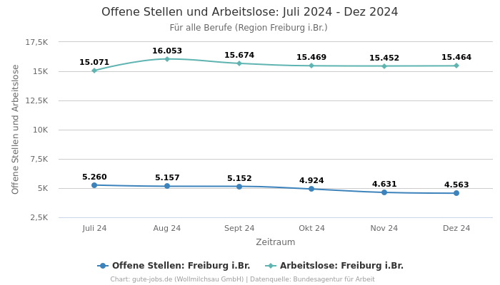 Offene Stellen und Arbeitslose: Juli 2024 - Dez 2024 | Für alle Berufe | Region Freiburg i.Br.