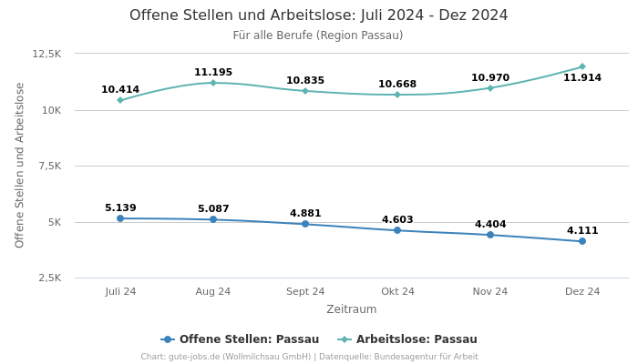 Offene Stellen und Arbeitslose: Juli 2024 - Dez 2024 | Für alle Berufe | Region Passau