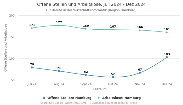 Offene Stellen und Arbeitslose: Juli 2024 - Dez 2024 | Für Berufe in der Wirtschaftsinformatik | Region Hamburg