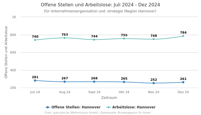 Offene Stellen und Arbeitslose: Juli 2024 - Dez 2024 | Für Unternehmensorganisation und -strategie | Region Hannover