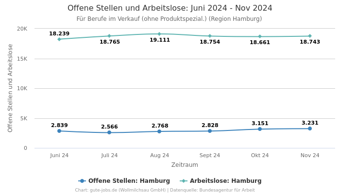 Offene Stellen und Arbeitslose: Juni 2024 - Nov 2024 | Für Berufe im Verkauf (ohne Produktspezial.) | Region Hamburg