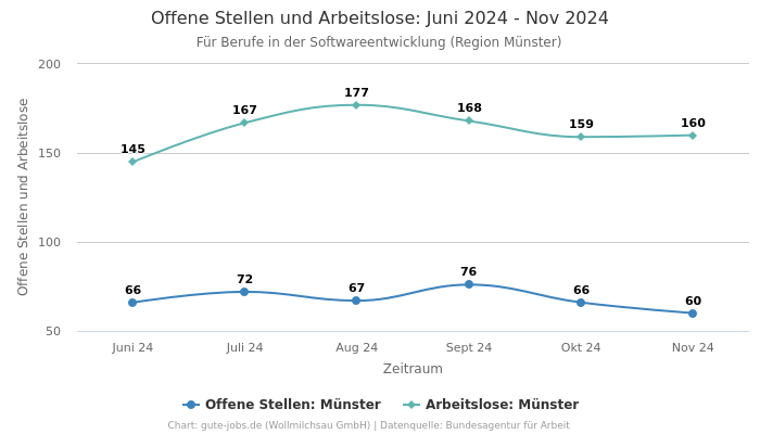 Offene Stellen und Arbeitslose: Juni 2024 - Nov 2024 | Für Berufe in der Softwareentwicklung | Region Münster