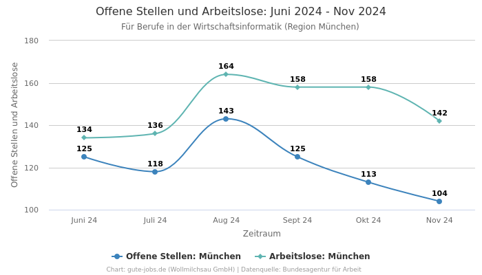 Offene Stellen und Arbeitslose: Juni 2024 - Nov 2024 | Für Berufe in der Wirtschaftsinformatik | Region München