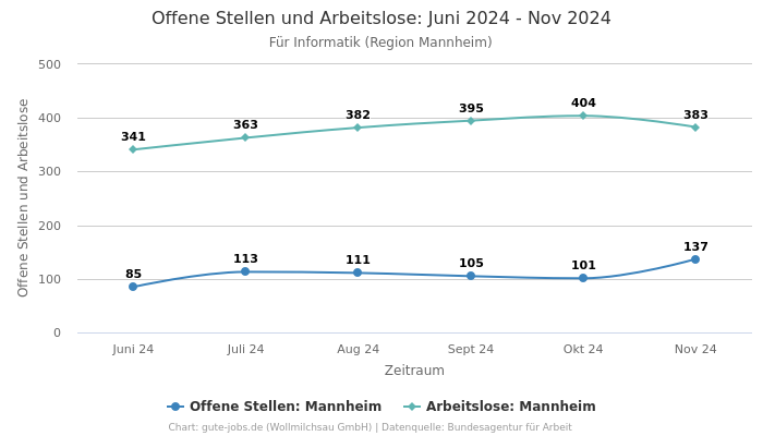 Offene Stellen und Arbeitslose: Juni 2024 - Nov 2024 | Für Informatik | Region Mannheim