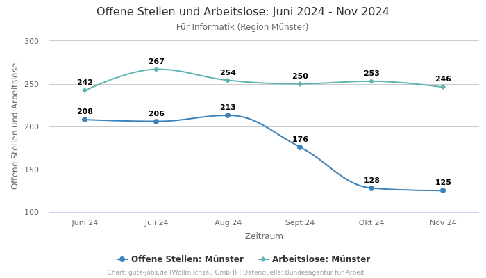 Offene Stellen und Arbeitslose: Juni 2024 - Nov 2024 | Für Informatik | Region Münster