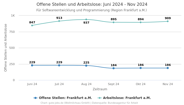 Offene Stellen und Arbeitslose: Juni 2024 - Nov 2024 | Für Softwareentwicklung und Programmierung | Region Frankfurt a.M.