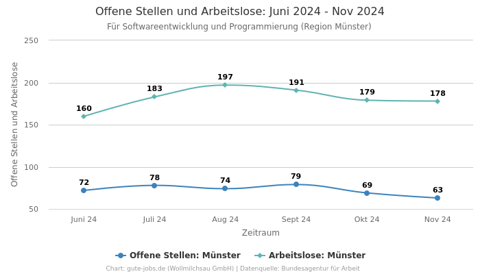 Offene Stellen und Arbeitslose: Juni 2024 - Nov 2024 | Für Softwareentwicklung und Programmierung | Region Münster