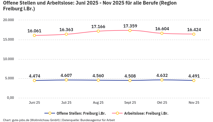 Offene Stellen und Arbeitslose: Juni 2025 - Nov 2025 | Für alle Berufe | Region Freiburg i.Br.