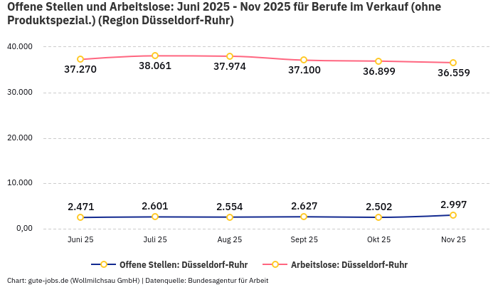 Offene Stellen und Arbeitslose: Juni 2025 - Nov 2025 | Für Berufe im Verkauf (ohne Produktspezial.) | Region Düsseldorf-Ruhr Offene Stellen und Arbeitslose: Juni 2025 - Nov 2025 | Für Berufe im Verkauf (ohne Produktspezial.) | Region Düsseldorf-Ruhr