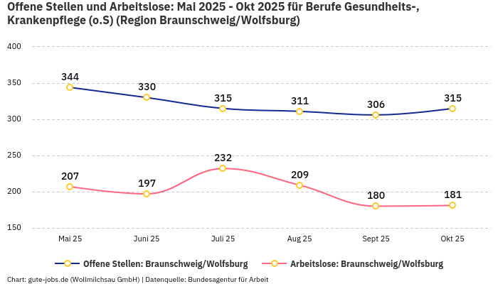 Offene Stellen und Arbeitslose: Mai 2025 - Okt 2025 | Für Berufe Gesundheits-, Krankenpflege (o.S) | Region Braunschweig/Wolfsburg