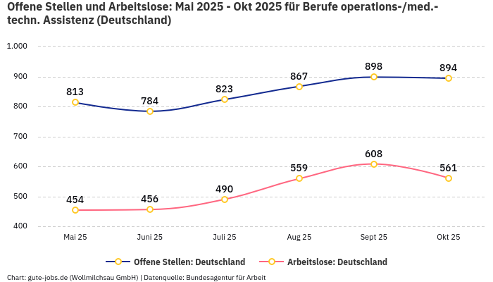 Offene Stellen und Arbeitslose: Mai 2025 - Okt 2025 | Für Berufe operations-/med.-techn. Assistenz | Bundesland Deutschland