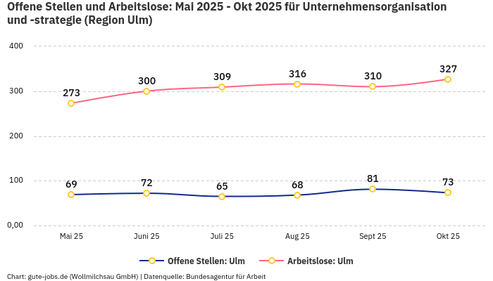 Offene Stellen und Arbeitslose: Mai 2025 - Okt 2025 | Für Unternehmensorganisation und -strategie | Region Ulm