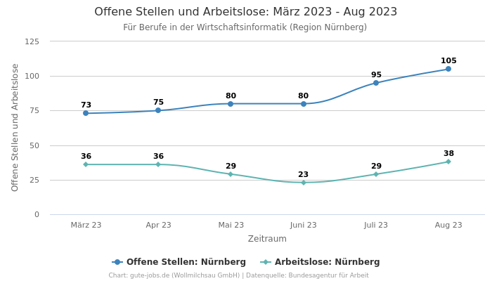 Offene Stellen und Arbeitslose: März 2023 - Aug 2023 | Für Berufe in der Wirtschaftsinformatik | Region Nürnberg