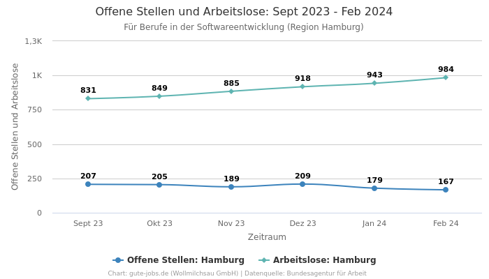Offene Stellen und Arbeitslose: Sept 2023 - Feb 2024 | Für Berufe in der Softwareentwicklung | Region Hamburg