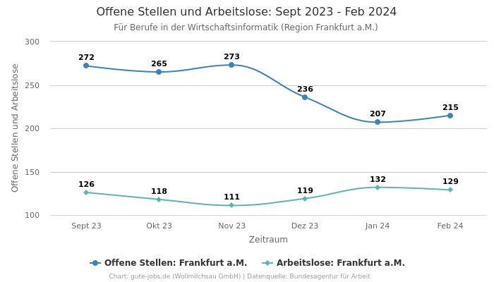 Offene Stellen und Arbeitslose: Sept 2023 - Feb 2024 | Für Berufe in der Wirtschaftsinformatik | Region Frankfurt a.M.