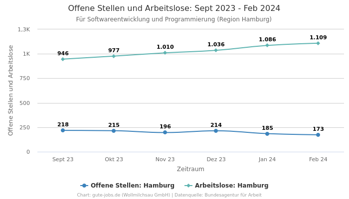 Offene Stellen und Arbeitslose: Sept 2023 - Feb 2024 | Für Softwareentwicklung und Programmierung | Region Hamburg